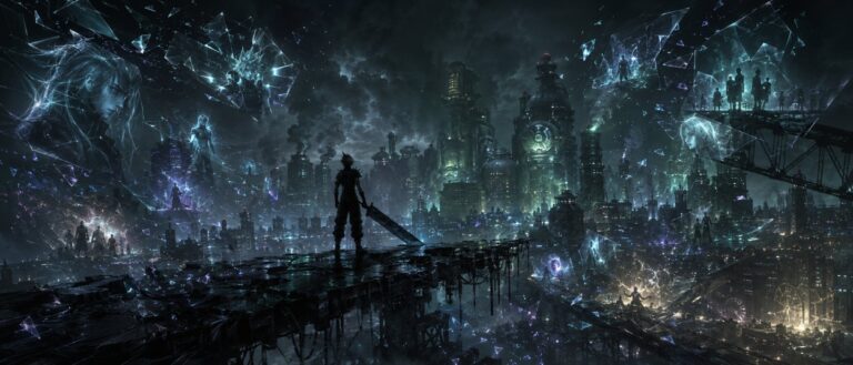 Eine futuristische Fantasy-Stadt bei Nacht verliert ihre grünen Lichter, während ein einsamer Schwertkämpfer vor zerfallenden Erinnerungsfragmenten steht.