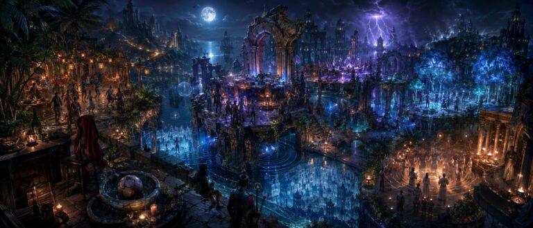 Eine nächtliche Fantasy-Stadt liegt zwischen Wasserstraßen und leuchtenden Ruinen. Auf einer offenen Terrasse tanzen Menschen unter blauen und violetten Lichtstrahlen, während ein DJ-Pult neben Wasserbecken, Palmen und schwebenden Lichtkugeln steht.