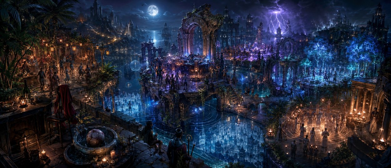 Eine nächtliche Fantasy-Stadt liegt zwischen Wasserstraßen und leuchtenden Ruinen. Auf einer offenen Terrasse tanzen Menschen unter blauen und violetten Lichtstrahlen, während ein DJ-Pult neben Wasserbecken, Palmen und schwebenden Lichtkugeln steht.