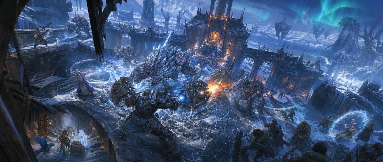 Ein schwer gepanzerter Fantasykämpfer steht in einer verschneiten Festung und trägt an beiden Armen große mechanische Schilde mit eingelassenen Waffenläufen. Hinter ihm kämpfen weitere Abenteurer gegen mehrere eisbedeckte Kreaturen.