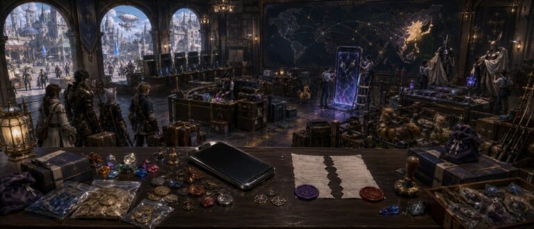 Ein Smartphone liegt in einer dunklen Fantasy-Taverne auf einem Holztisch. Auf seinem erloschenen Bildschirm spiegelt sich eine verlassene Stadt, während kleine Abenteurerfiguren, Münzen und Reisegepäck unbenutzt danebenliegen.