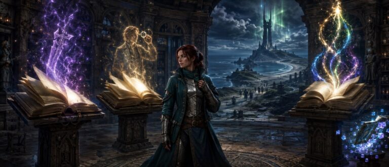 Eine Fantasy-Abenteurerin steht in einem steinernen Archiv zwischen drei zufallenden magischen Büchern, während hinter ihr eine windige Insel mit einem hohen gespaltenen Turm erscheint.
