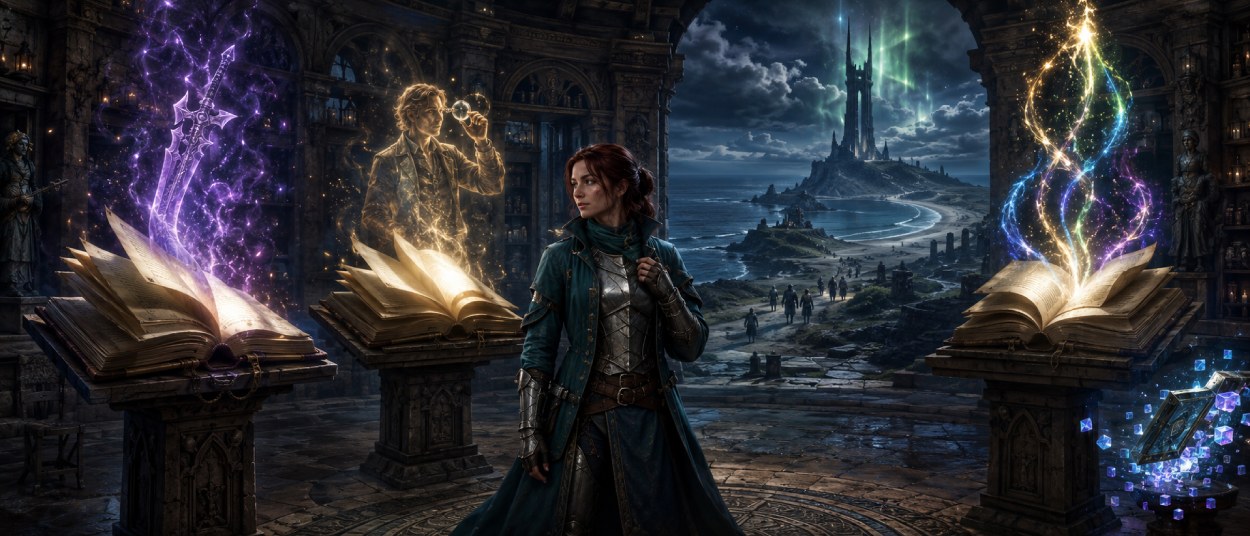 Eine Fantasy-Abenteurerin steht in einem steinernen Archiv zwischen drei zufallenden magischen Büchern, während hinter ihr eine windige Insel mit einem hohen gespaltenen Turm erscheint.