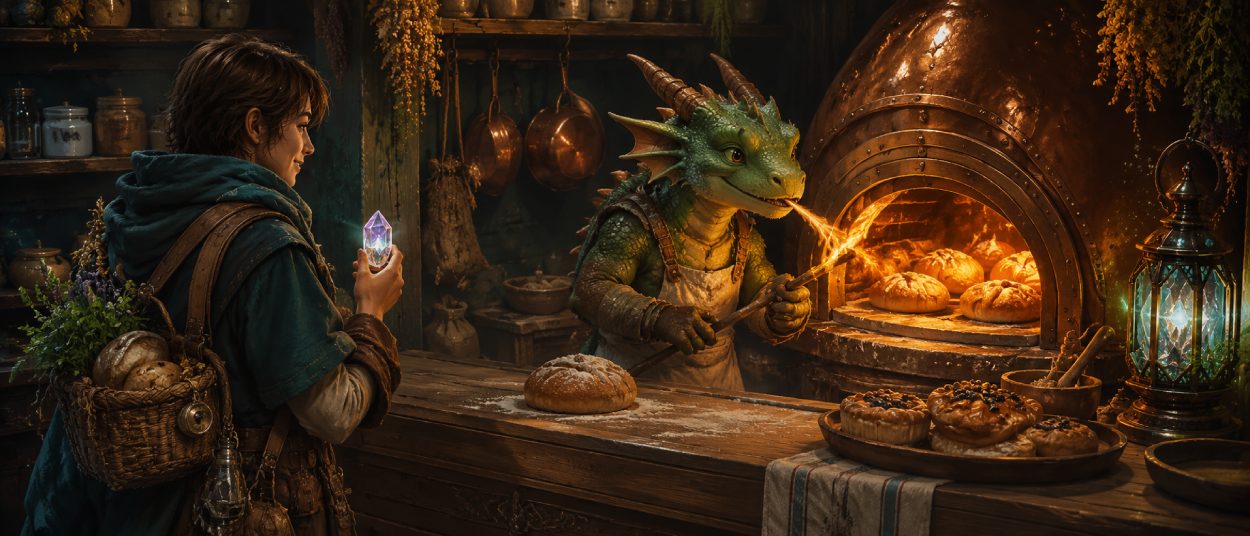 Ein kleiner grüner Drache erhitzt in einem gemütlichen Fantasyladen einen Backofen, während ein junger Besucher am Verkaufstresen wartet.