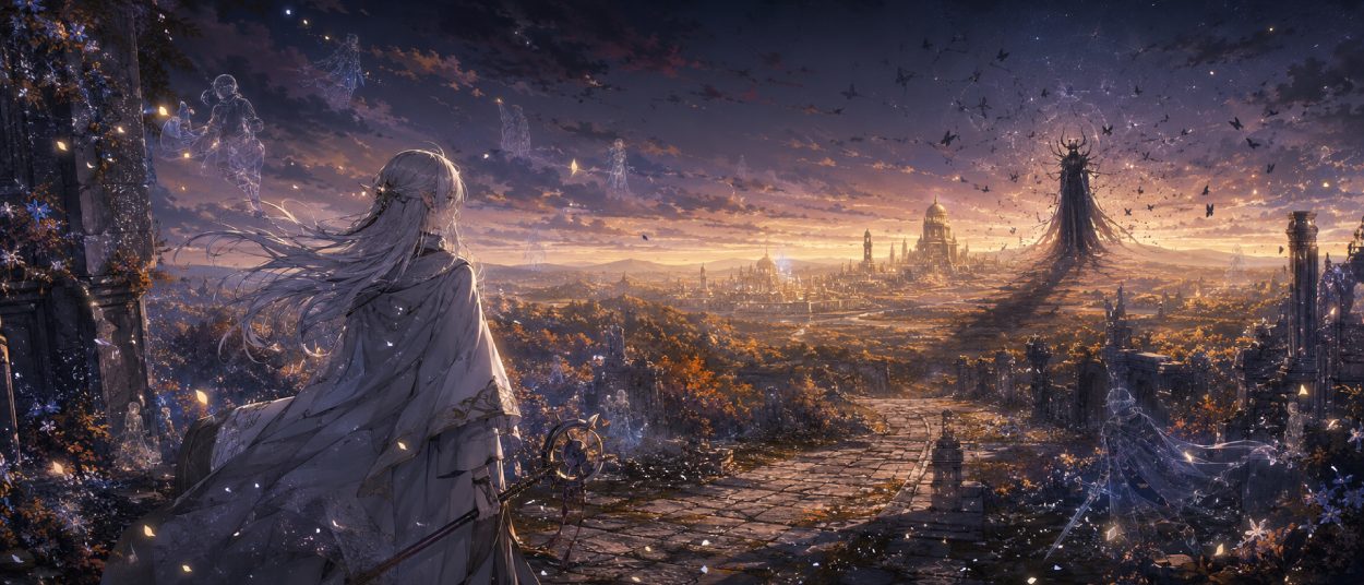 Eine silberhaarige Elfenmagierin steht auf einer alten Straße vor einem goldenen, unheimlichen Land, während ein dunkler Dämonenschatten am Horizont erscheint.