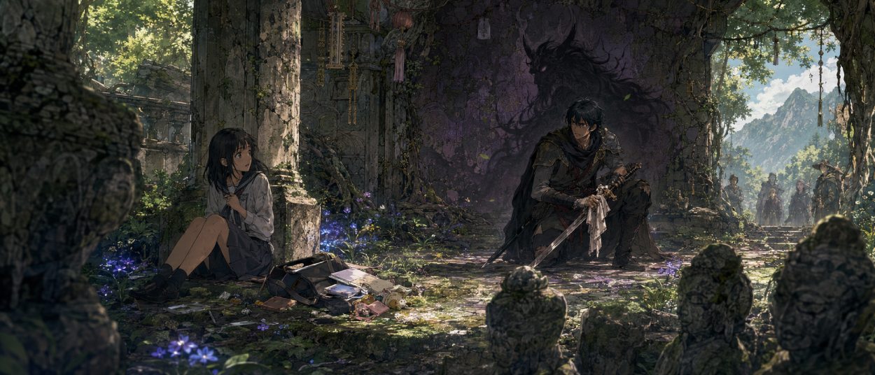 Noriko und Izark begegnen sich im Fantasy-Anime From Far Away in einer fremden Welt, während ein dunkles Wesen in dem Krieger erwacht.