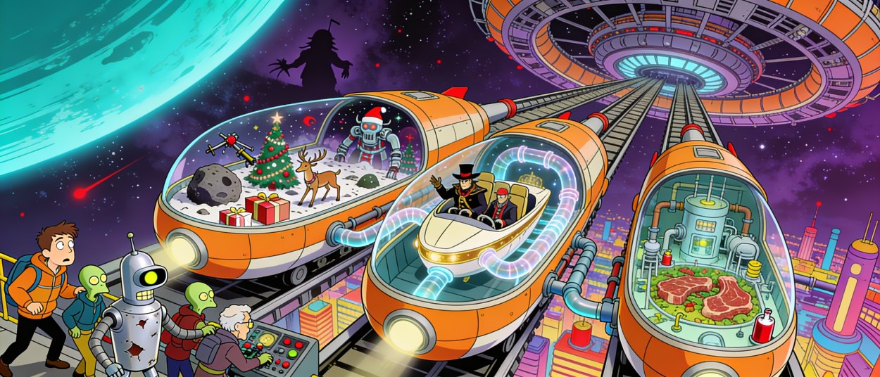 Drei große Raumkapseln verlassen eine futuristische Lieferstation, während die vorderste Kapsel durch ein weihnachtlich beleuchtetes Asteroidenfeld fliegt.