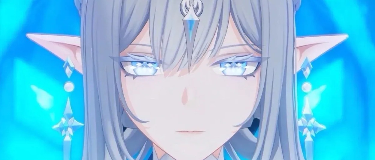 Eine silberhaarige Frau mit spitzen Ohren und eisblau leuchtenden Augen blickt frontal aus einer hellblauen, frostigen Umgebung.