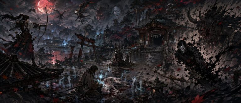 Ghost of Tsushima Legends Anime mit Ronin, Jägerin und Assassine in einer von Oni und Geistern heimgesuchten Tsushima-Nacht.