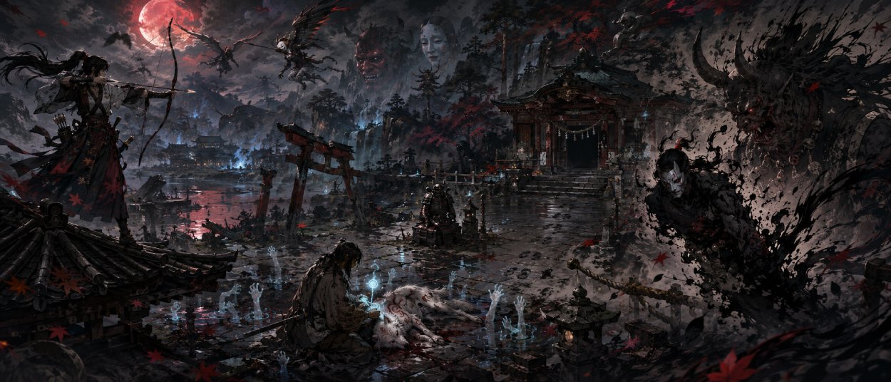 Ghost of Tsushima Legends Anime mit Ronin, Jägerin und Assassine in einer von Oni und Geistern heimgesuchten Tsushima-Nacht.