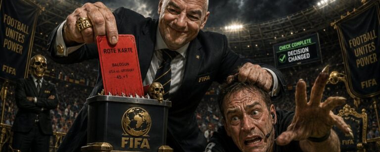 Ein düster-satirisches Fußballbild zeigt einen grinsenden FIFA-Funktionär im Flutlichtstadion, der eine rote Karte mit der Aufschrift „Balogun“ durch einen Schredder jagt, während ein verängstigter Schiedsrichter am Boden nach vorn greift. Im Hintergrund verstärken goldene FIFA-Symbole, Banner und ein Bildschirm mit „Decision Changed“ die Atmosphäre von Macht, Manipulation und zynischer Kontrolle.