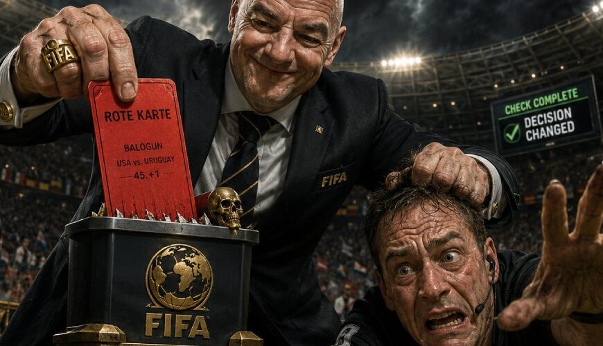 Ein düster-satirisches Fußballbild zeigt einen grinsenden FIFA-Funktionär im Flutlichtstadion, der eine rote Karte mit der Aufschrift „Balogun“ durch einen Schredder jagt, während ein verängstigter Schiedsrichter am Boden nach vorn greift. Im Hintergrund verstärken goldene FIFA-Symbole, Banner und ein Bildschirm mit „Decision Changed“ die Atmosphäre von Macht, Manipulation und zynischer Kontrolle.
