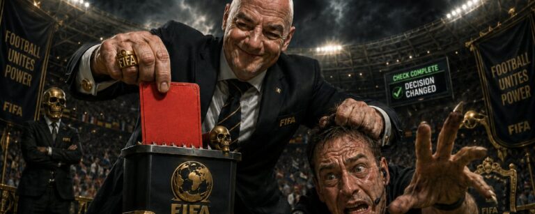 Ein düster-satirisches Fußballbild zeigt einen grinsenden FIFA-Funktionär im Flutlichtstadion, der eine rote Karte mit der Aufschrift „Balogun“ durch einen Schredder jagt, während ein verängstigter Schiedsrichter am Boden nach vorn greift. Im Hintergrund verstärken goldene FIFA-Symbole, Banner und ein Bildschirm mit „Decision Changed“ die Atmosphäre von Macht, Manipulation und zynischer Kontrolle.