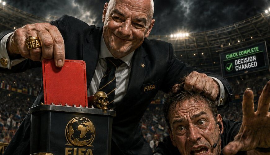 Ein düster-satirisches Fußballbild zeigt einen grinsenden FIFA-Funktionär im Flutlichtstadion, der eine rote Karte mit der Aufschrift „Balogun“ durch einen Schredder jagt, während ein verängstigter Schiedsrichter am Boden nach vorn greift. Im Hintergrund verstärken goldene FIFA-Symbole, Banner und ein Bildschirm mit „Decision Changed“ die Atmosphäre von Macht, Manipulation und zynischer Kontrolle.