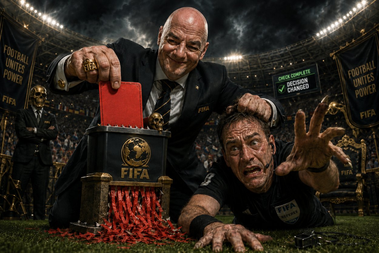 Ein düster-satirisches Fußballbild zeigt einen grinsenden FIFA-Funktionär im Flutlichtstadion, der eine rote Karte mit der Aufschrift „Balogun“ durch einen Schredder jagt, während ein verängstigter Schiedsrichter am Boden nach vorn greift. Im Hintergrund verstärken goldene FIFA-Symbole, Banner und ein Bildschirm mit „Decision Changed“ die Atmosphäre von Macht, Manipulation und zynischer Kontrolle.