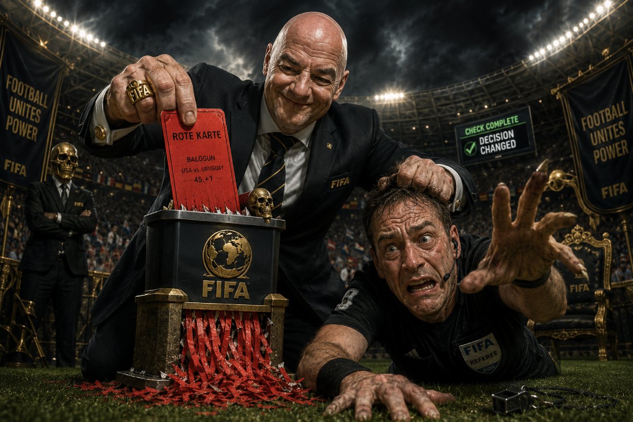 Ein düster-satirisches Fußballbild zeigt einen grinsenden FIFA-Funktionär im Flutlichtstadion, der eine rote Karte mit der Aufschrift „Balogun“ durch einen Schredder jagt, während ein verängstigter Schiedsrichter am Boden nach vorn greift. Im Hintergrund verstärken goldene FIFA-Symbole, Banner und ein Bildschirm mit „Decision Changed“ die Atmosphäre von Macht, Manipulation und zynischer Kontrolle.