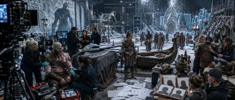 Ein verletzter, kräftiger Schauspieler in nordischer Kriegerkleidung sitzt auf einem verschneiten Filmset und wird am Oberarm versorgt. Um ihn herum beraten Produzenten, Stuntkoordinatoren und Kostümbildner, während Kameras, Kulissen und eine große Axt unbenutzt bereitstehen.