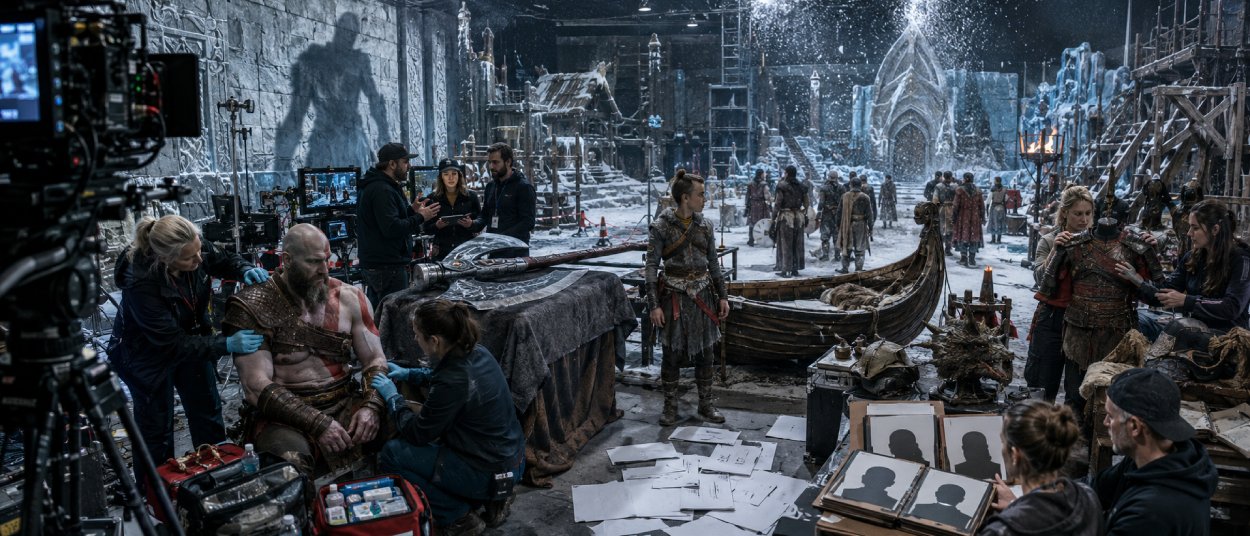 Ein verletzter, kräftiger Schauspieler in nordischer Kriegerkleidung sitzt auf einem verschneiten Filmset und wird am Oberarm versorgt. Um ihn herum beraten Produzenten, Stuntkoordinatoren und Kostümbildner, während Kameras, Kulissen und eine große Axt unbenutzt bereitstehen.