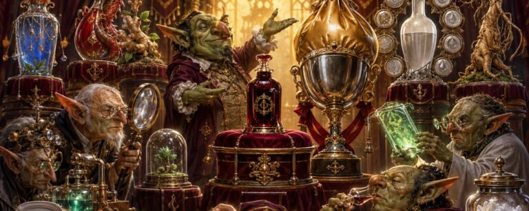Fantasy-Preisverleihung mit einer teuren Flasche roten Mikronährstoffkonzentrats auf einem Samtpodest, einem riesigen goldenen Mogelkelch sowie Goblins und Alchemisten, die absurde Luxusprodukte untersuchen.