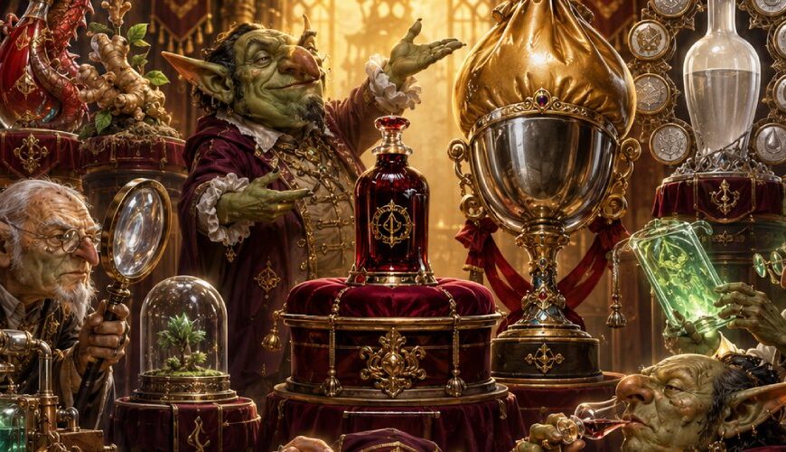 Fantasy-Preisverleihung mit einer teuren Flasche roten Mikronährstoffkonzentrats auf einem Samtpodest, einem riesigen goldenen Mogelkelch sowie Goblins und Alchemisten, die absurde Luxusprodukte untersuchen.