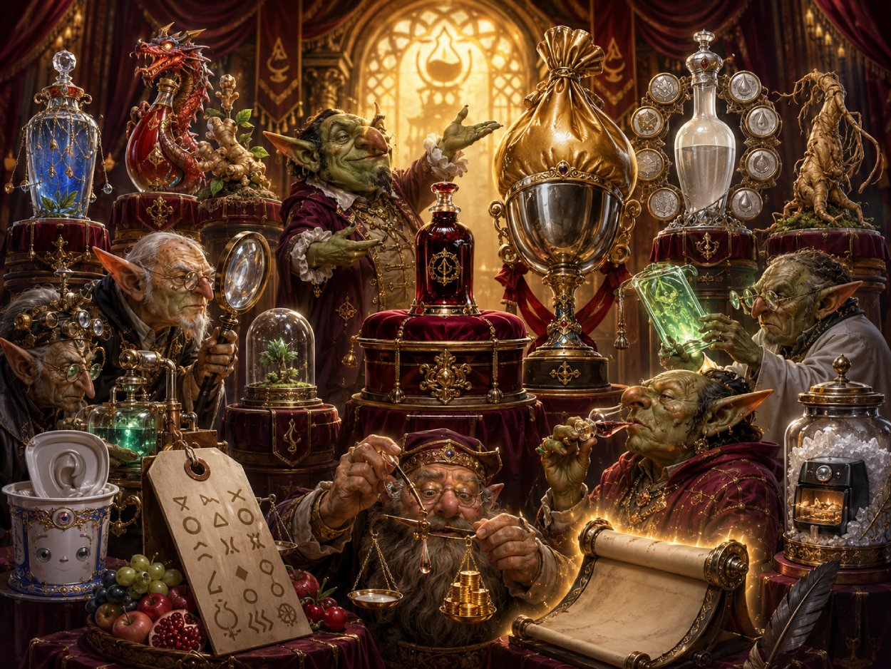 Fantasy-Preisverleihung mit einer teuren Flasche roten Mikronährstoffkonzentrats auf einem Samtpodest, einem riesigen goldenen Mogelkelch sowie Goblins und Alchemisten, die absurde Luxusprodukte untersuchen.