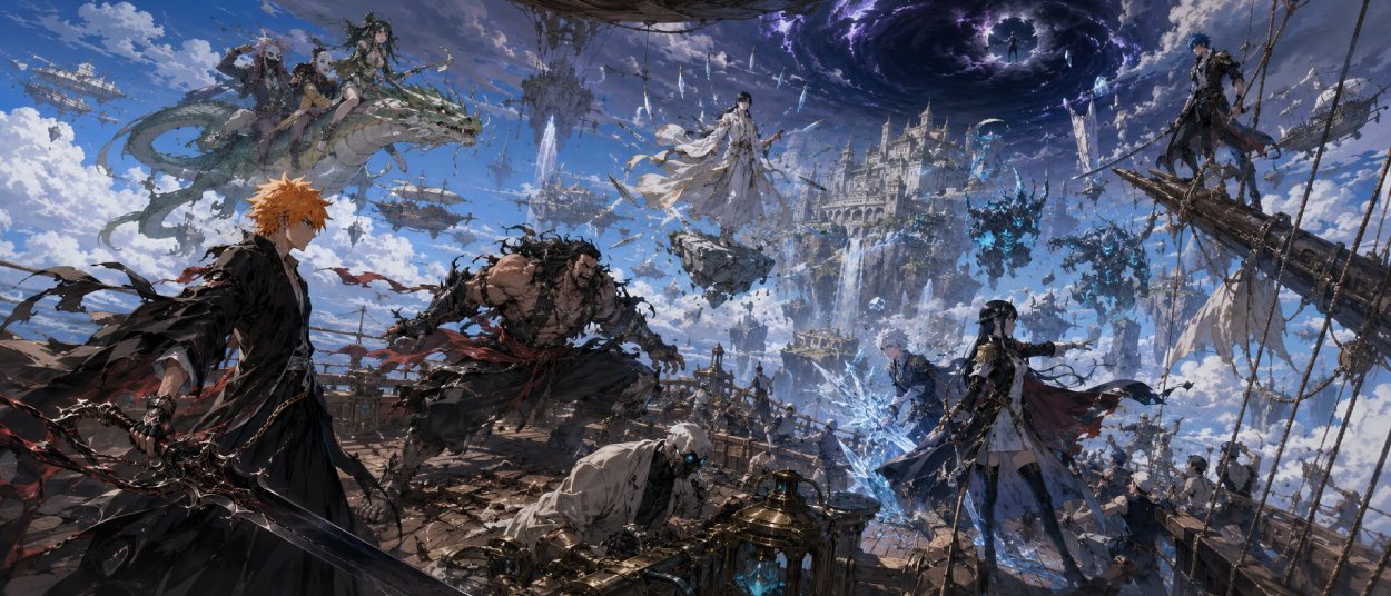 Ein orangehaariger Schwertkämpfer steht auf dem Deck eines fliegenden Fantasy-Schiffs. Um ihn versammeln sich mehrere Kämpfer in schwarzen Gewändern, darunter ein weiß gekleideter Schwertmeister, ein großer Mann mit stacheligem Haar und eine Frau mit langem grünem Haar, während sich über den Wolken ein dunkles Portal öffnet.