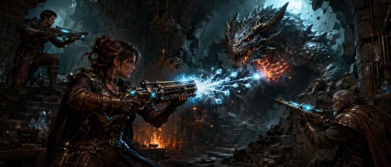 Drei Abenteurer bekämpfen in einem steinernen Verlies einen Drachen mit einem Runengewehr, einer Armbrust und einer magischen Schrotflinte.