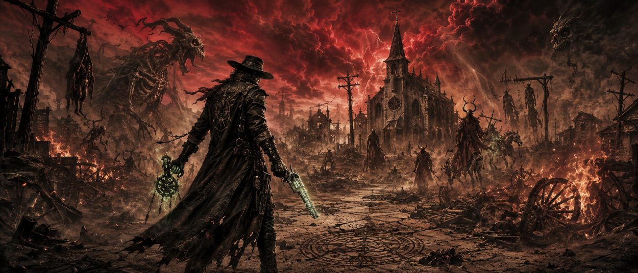 Ein einsamer Revolverheld steht auf einer staubigen Straße vor einer verfluchten Westernstadt, während Monster und rote Endzeitwolken am Horizont aufziehen.