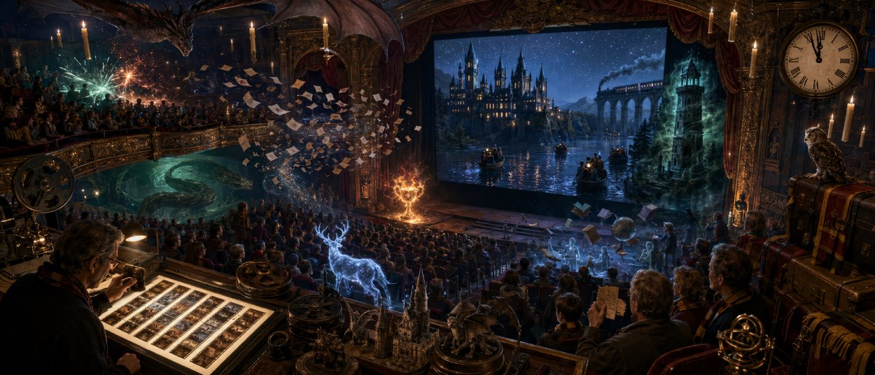 Eine große alte Kinoleinwand zeigt ein beleuchtetes Schloss über einem dunklen See. In den Sitzreihen halten Besucher Zauberstäbe und tragen lange Umhänge, während Filmrollen, ein alter Reisekoffer und ein Vogelkäfig neben dem Eingang stehen.