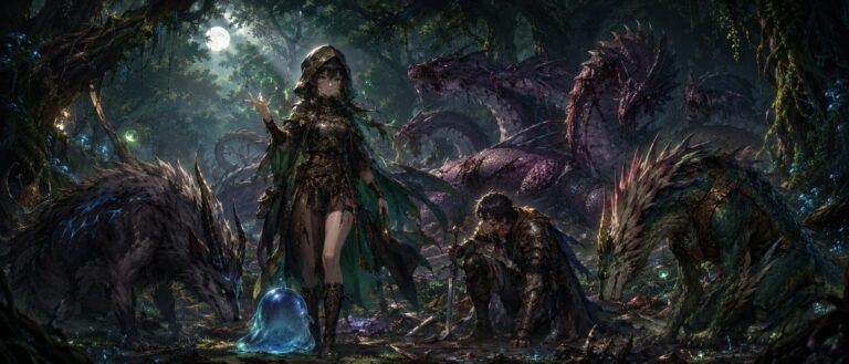 Eine junge Monstermancerin steht mit einem verletzten Abenteurer vor einer besiegten Hydra, während gezähmte Kreaturen aus einem magischen Wald hervortreten.