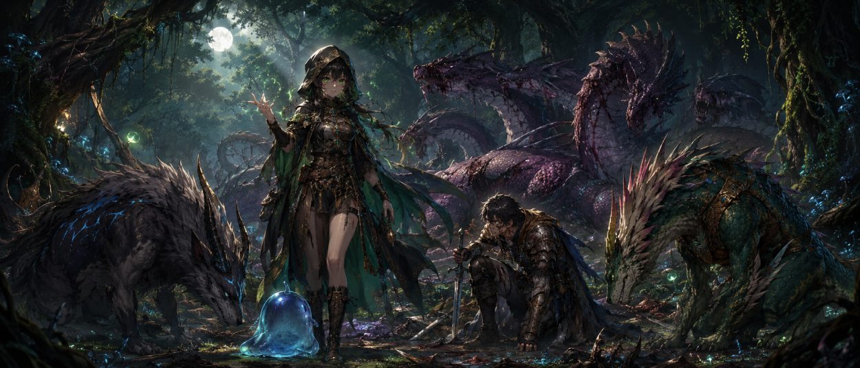 Eine junge Monstermancerin steht mit einem verletzten Abenteurer vor einer besiegten Hydra, während gezähmte Kreaturen aus einem magischen Wald hervortreten.
