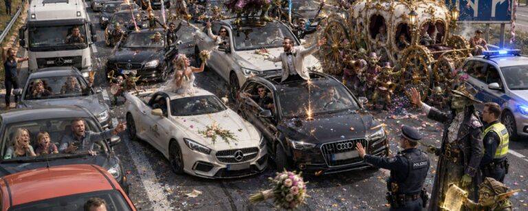 Ein chaotischer Hochzeitskorso blockiert eine mehrspurige Straße, während Menschen aus geschmückten Autos feiern, Feuerwerk zünden und Goblins neben einer goldenen Kutsche musizieren. Polizei stoppt die Fahrzeuge, hinter denen sich ein langer Stau gebildet hat.