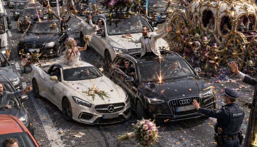 Ein chaotischer Hochzeitskorso blockiert eine mehrspurige Straße, während Menschen aus geschmückten Autos feiern, Feuerwerk zünden und Goblins neben einer goldenen Kutsche musizieren. Polizei stoppt die Fahrzeuge, hinter denen sich ein langer Stau gebildet hat.