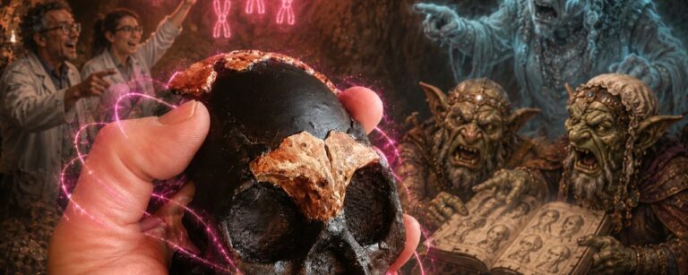 Fantasy-Szene mit einem Homo-naledi-Schädelfund in einer Hand, jubelnden Forschern, leuchtenden Chromosomen-Symbolen und empörten Kobolden, die anhand eines Familienbuchs die Einstufung der Funde als Frauen bestreiten.