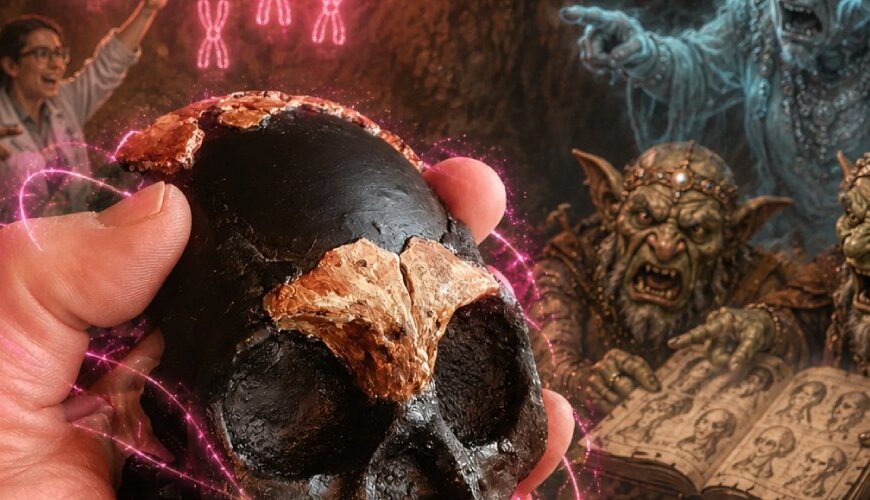 Fantasy-Szene mit einem Homo-naledi-Schädelfund in einer Hand, jubelnden Forschern, leuchtenden Chromosomen-Symbolen und empörten Kobolden, die anhand eines Familienbuchs die Einstufung der Funde als Frauen bestreiten.