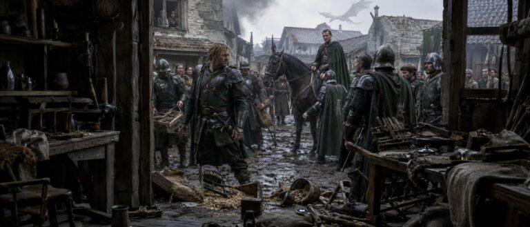 Douglas Russell als Soldat Garrick in House of the Dragon vor den besetzten Straßen von Tumbleton.