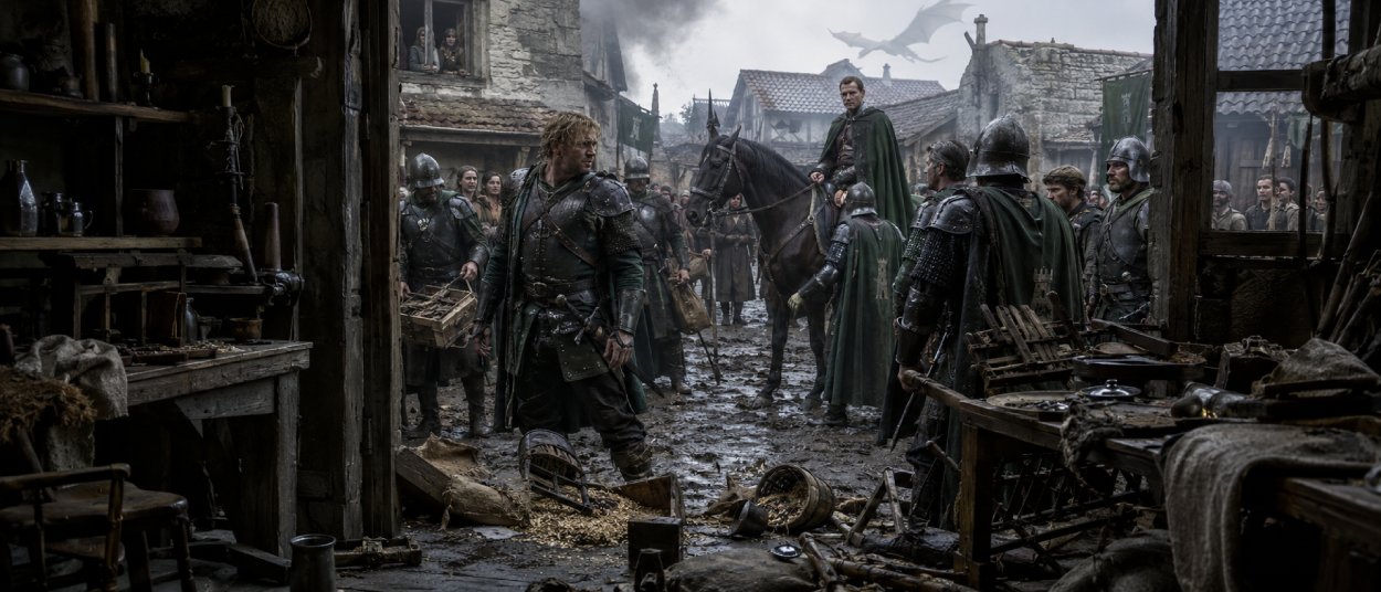 Douglas Russell als Soldat Garrick in House of the Dragon vor den besetzten Straßen von Tumbleton.