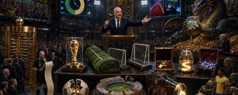 Gianni Infantino steht als Auktionator in einer prunkvollen Börsenhalle und versteigert einen Fußball, Torpfosten und Teile eines Stadions. Goblins, Kobolde, Drachen und menschliche Investoren bieten mit Gold, Verträgen und Geldkoffern.