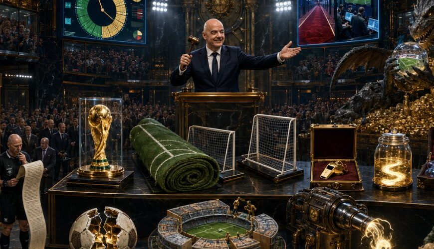 Gianni Infantino steht als Auktionator in einer prunkvollen Börsenhalle und versteigert einen Fußball, Torpfosten und Teile eines Stadions. Goblins, Kobolde, Drachen und menschliche Investoren bieten mit Gold, Verträgen und Geldkoffern.