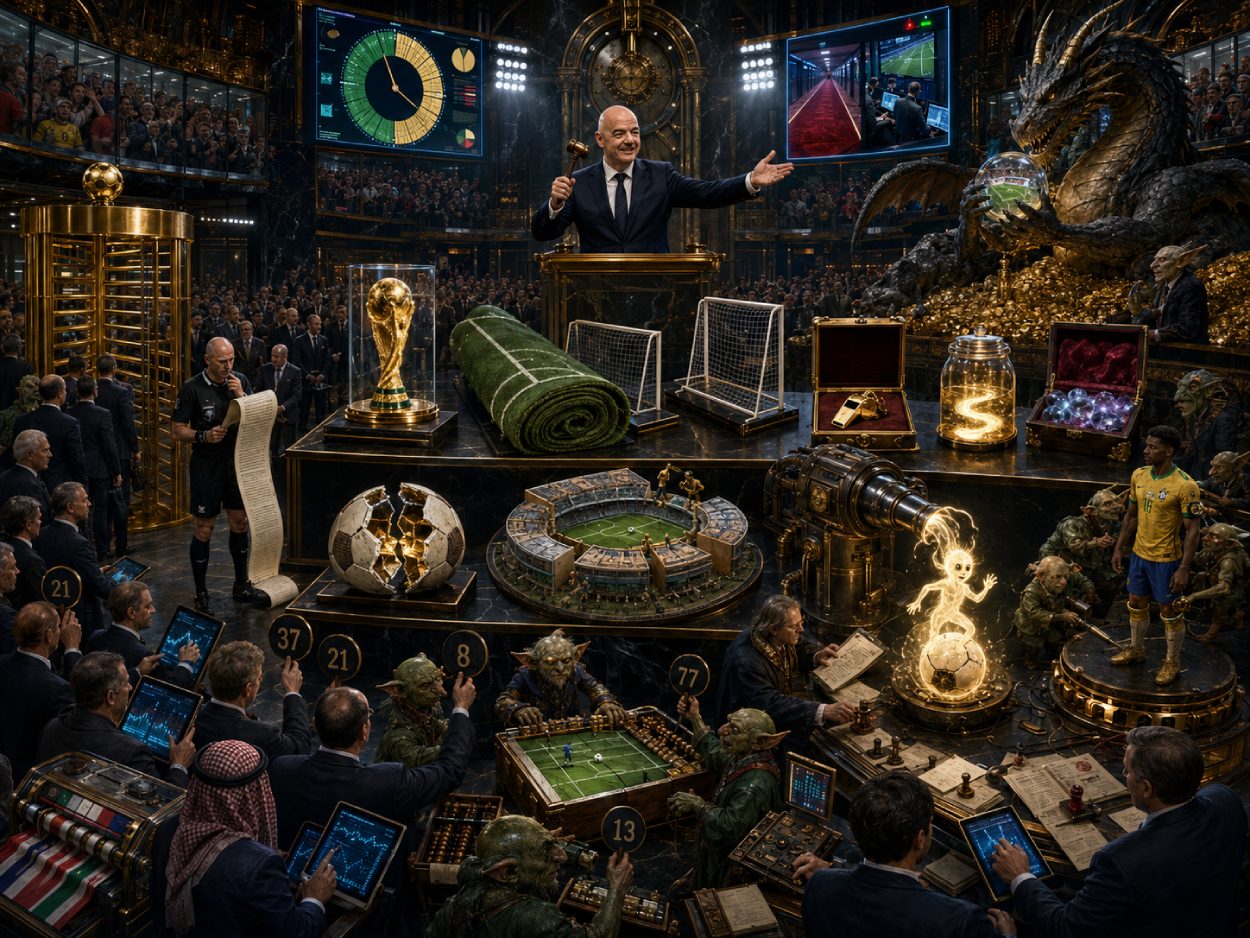 Gianni Infantino steht als Auktionator in einer prunkvollen Börsenhalle und versteigert einen Fußball, Torpfosten und Teile eines Stadions. Goblins, Kobolde, Drachen und menschliche Investoren bieten mit Gold, Verträgen und Geldkoffern.