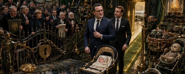 Satirische Fantasy-Szene in einer prunkvollen politischen Halle: Jens Spahn und sein Mann stehen mit einem Baby im Arm in einem exklusiven VIP-Durchgang, während konservative Politiker im Hintergrund Verbote beschwören und Koboldwelpen, ein Drachenei und ein Pflegegolem als absurde Alternativen präsentiert werden.