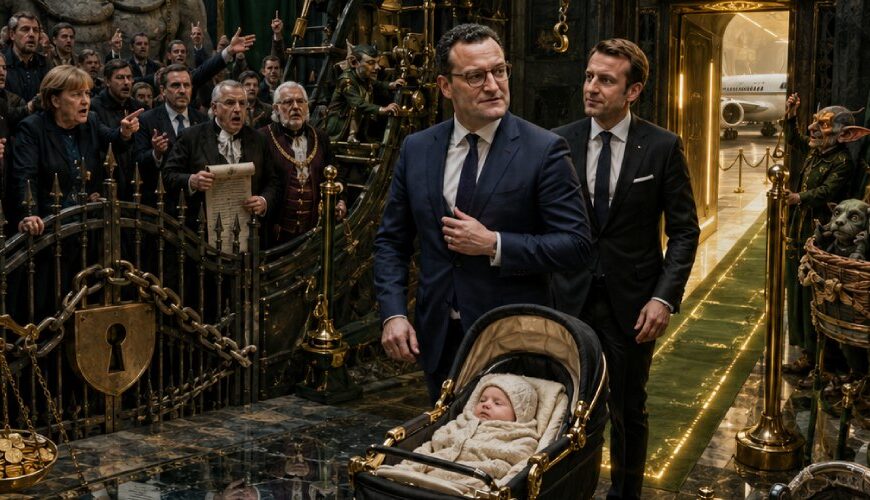 Satirische Fantasy-Szene in einer prunkvollen politischen Halle: Jens Spahn und sein Mann stehen mit einem Baby im Arm in einem exklusiven VIP-Durchgang, während konservative Politiker im Hintergrund Verbote beschwören und Koboldwelpen, ein Drachenei und ein Pflegegolem als absurde Alternativen präsentiert werden.