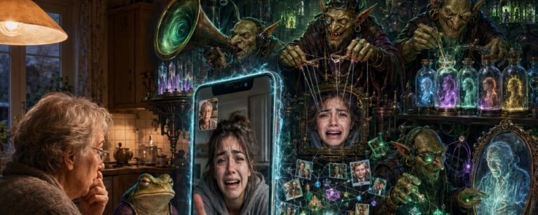 Satirische Fantasy-Szene mit einem Smartphone als Portal zu einer geheimen Goblin-Betrugswerkstatt, in der Stimmen, Gesichter, Banknachrichten und künstliche Familienmitglieder hergestellt werden.