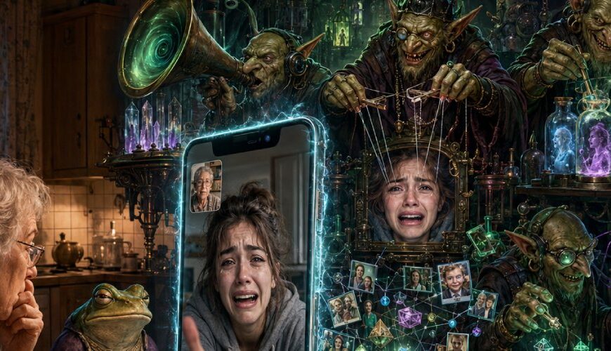 Satirische Fantasy-Szene mit einem Smartphone als Portal zu einer geheimen Goblin-Betrugswerkstatt, in der Stimmen, Gesichter, Banknachrichten und künstliche Familienmitglieder hergestellt werden.