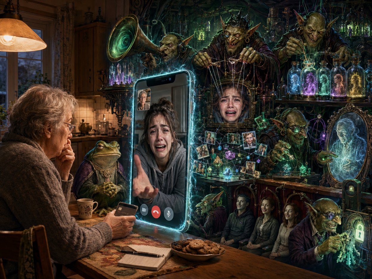 Satirische Fantasy-Szene mit einem Smartphone als Portal zu einer geheimen Goblin-Betrugswerkstatt, in der Stimmen, Gesichter, Banknachrichten und künstliche Familienmitglieder hergestellt werden.