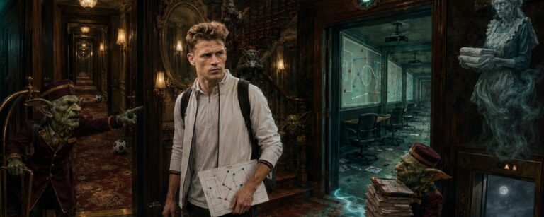 Satirische Fantasy-Szene mit Joshua Kimmich in einem verfluchten DFB-Teamhotel, dessen endlose Flure immer wieder zu Videoanalysen und taktischen Besprechungsräumen führen.