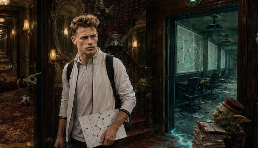 Satirische Fantasy-Szene mit Joshua Kimmich in einem verfluchten DFB-Teamhotel, dessen endlose Flure immer wieder zu Videoanalysen und taktischen Besprechungsräumen führen.