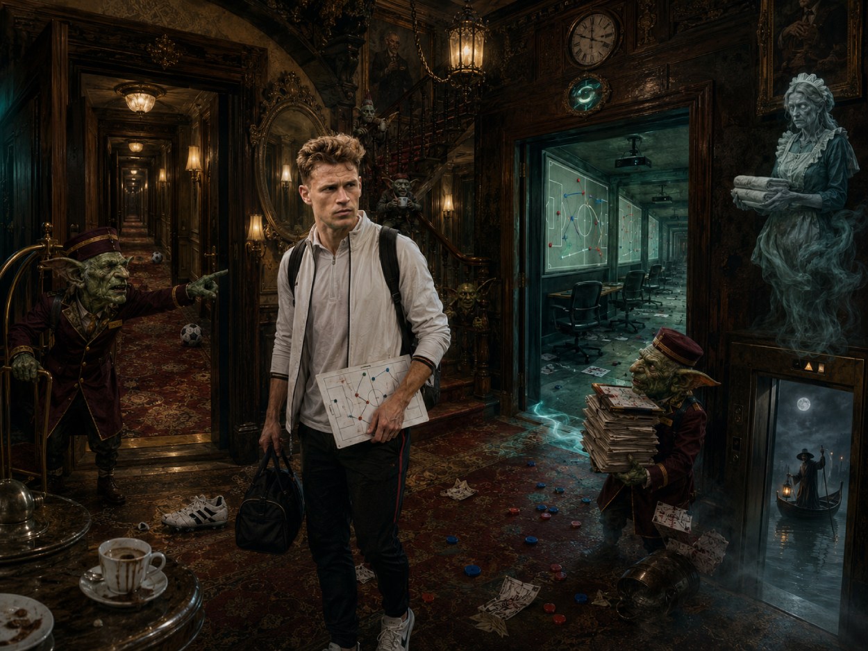 Satirische Fantasy-Szene mit Joshua Kimmich in einem verfluchten DFB-Teamhotel, dessen endlose Flure immer wieder zu Videoanalysen und taktischen Besprechungsräumen führen.