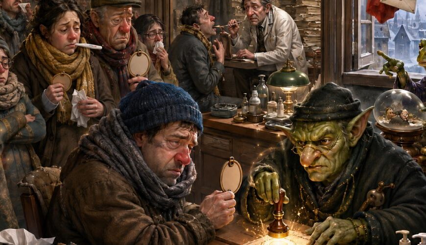 Satirische Fantasy-Szene in einer überfüllten Arztpraxis: Kranke Menschen warten mit Schals, Fieberthermometern und Formularen, während ein Kobold am Schalter Krankmeldungen abstempelt und ein Rabe eine magische AU bringt.