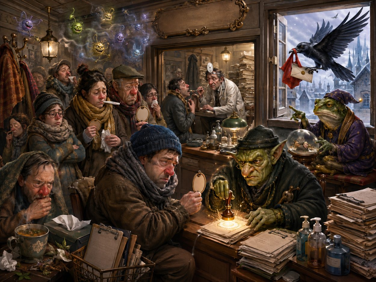 Satirische Fantasy-Szene in einer überfüllten Arztpraxis: Kranke Menschen warten mit Schals, Fieberthermometern und Formularen, während ein Kobold am Schalter Krankmeldungen abstempelt und ein Rabe eine magische AU bringt.